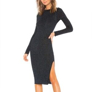By the Way. Blue Metallic Ribbed Knit Long Sleeve Midi Dress